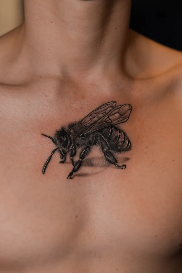 Black and grey realism tattoo of a honeybee with detailed wings on the chest