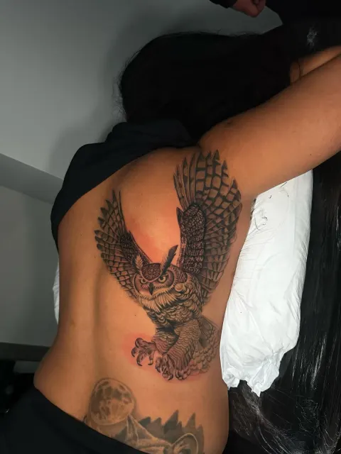 Black and grey rib tattoo of an owl descending with open wings and talons extended