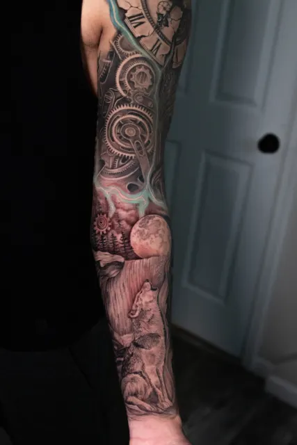 Black and grey full sleeve of a pocket watch, flowers and a column