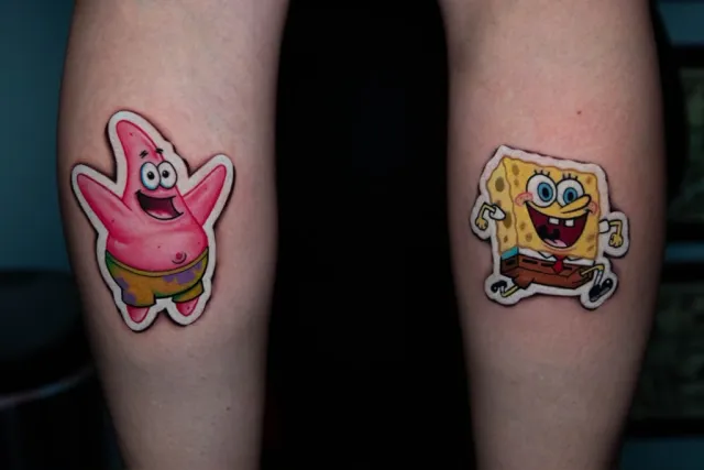 Matching color forearm tattoos of Patrick Star and SpongeBob rendered as die-cut stickers