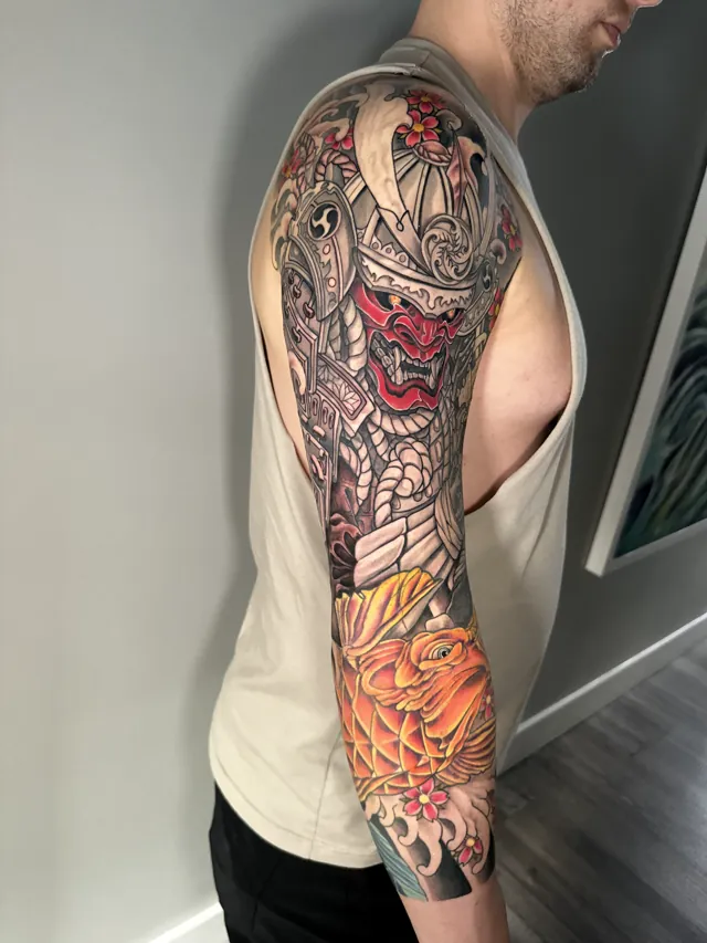 Neo-Oriental composition combining a samurai mask, koi, waves, and flowers