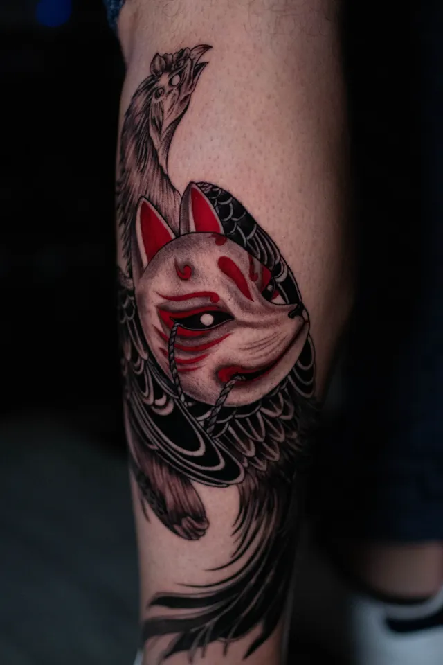 Traditional-style leg tattoo of a white kitsune mask with red markings over dark feathers